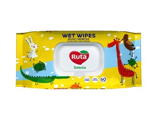 Mitrās salvetes Ruta Selecta, Animals, ar alvejas ekstraktu, 60 gab.